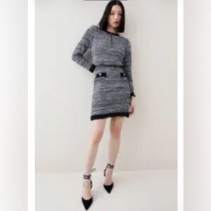 Strong Shoulder Belted Tweed
Knit Mini Dress | Chic Black and Gray